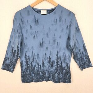 Vintage 90s Morning Sun Pine Forest Top Womens M Blue Cotton Nature Cottagecore